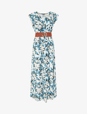 Robe longue fleurie à mancherons volantés - Bleu - 1