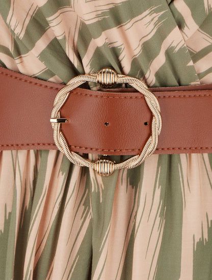 Robe taille élastiquée et imprimé fantaisie - Kaki - 3