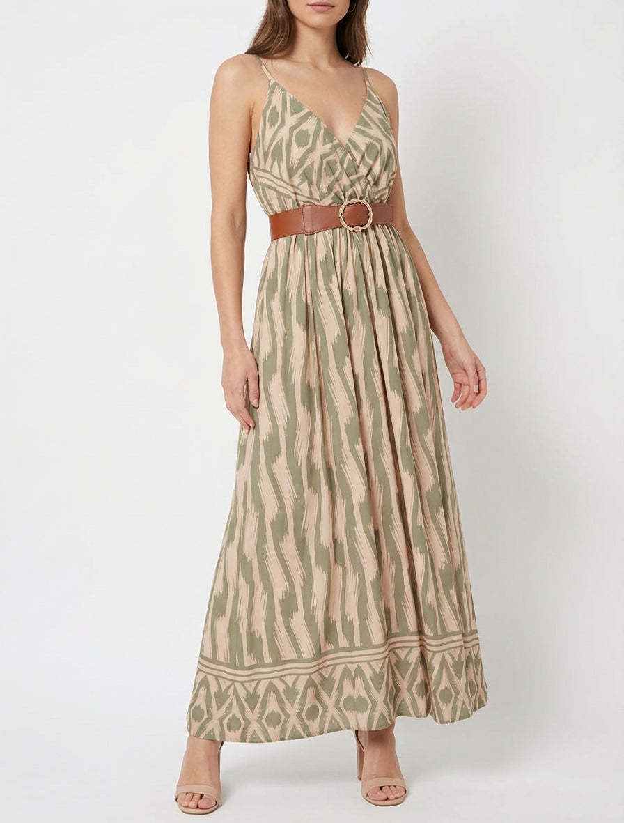Robe taille élastiquée et imprimé fantaisie - Kaki
