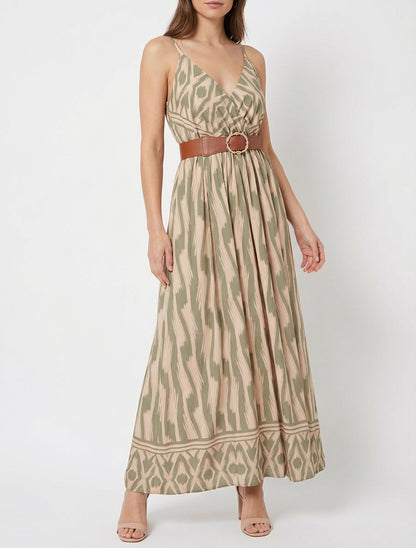 Robe taille élastiquée et imprimé fantaisie - Kaki