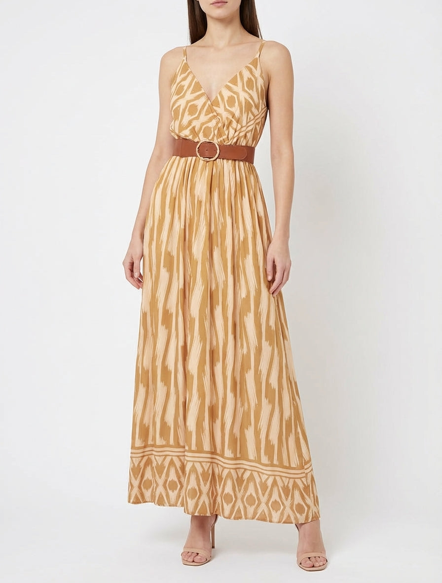 Robe taille élastiquée et imprimé fantaisie - Jaune moutarde