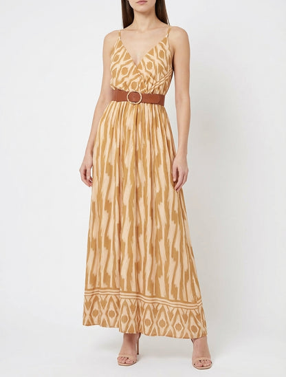 Robe taille élastiquée et imprimé fantaisie - Jaune moutarde