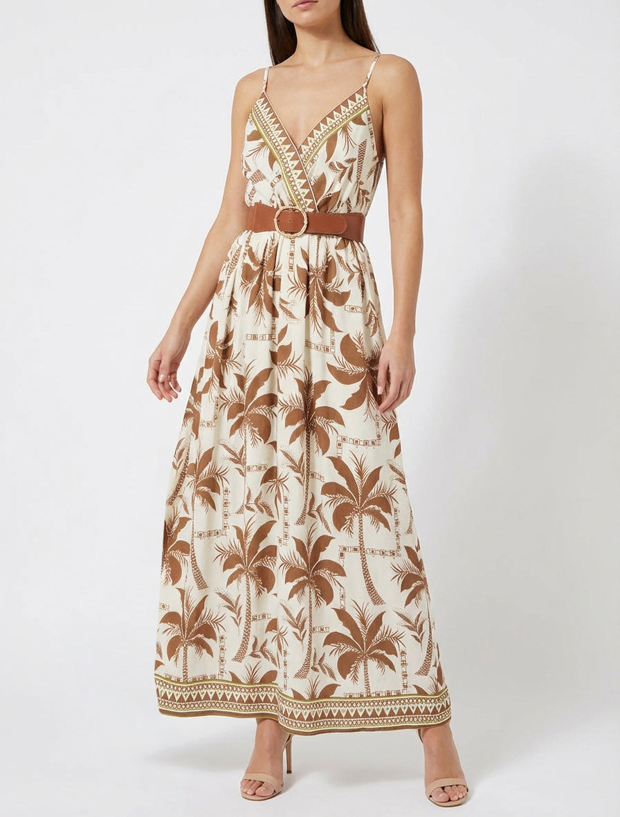 Robe longue à imprimé palmiers - Marron