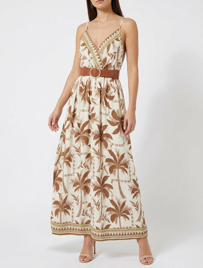 Robe longue à imprimé palmiers - Marron