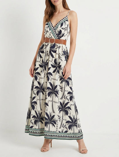 Robe longue à imprimé palmiers - Marine