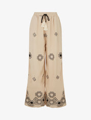 Pantalon brodé à taille haute élastiquée - Beige - 1