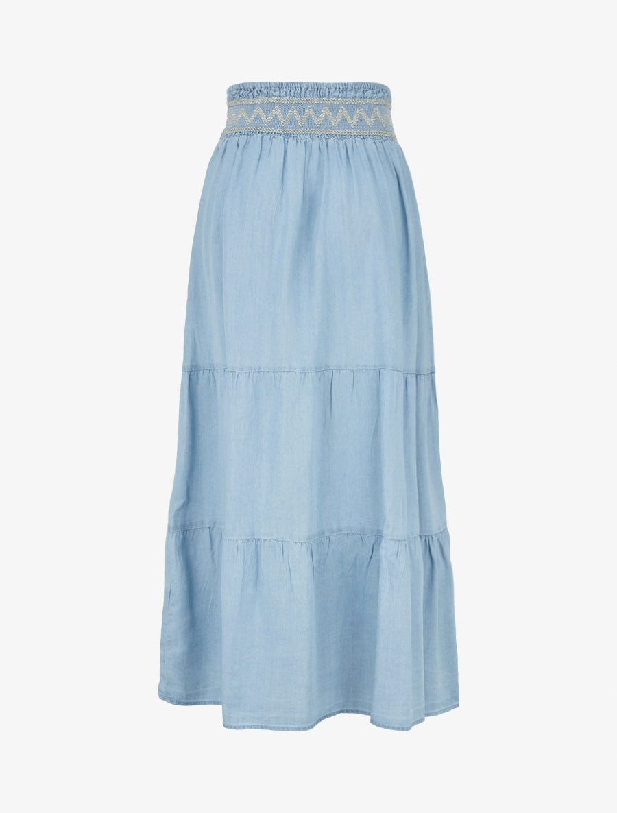 Jupe longue évasée à taille élastiquée fantaisie - Bleu clair - 2