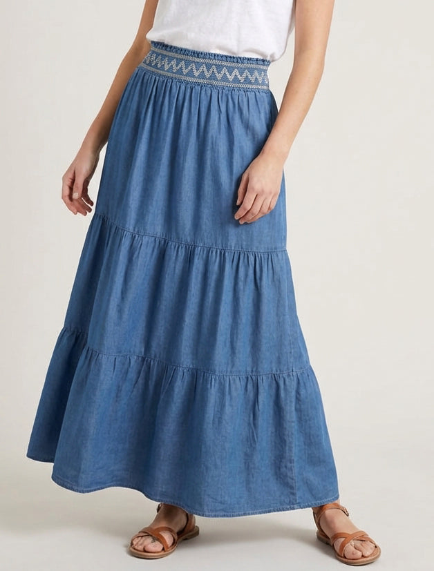 Jupe longue évasée à taille élastiquée fantaisie - Bleu denim