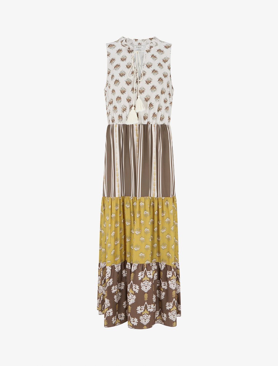 Robe longue sans manches à patchwork floral - Taupe - 1