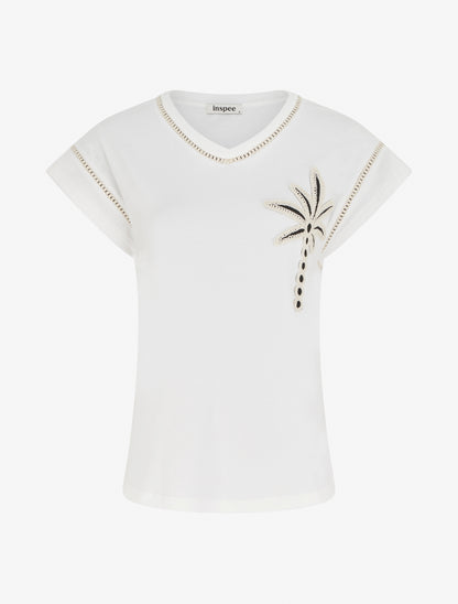 T-shirt manches courtes à palmier brodé - Blanc - 1