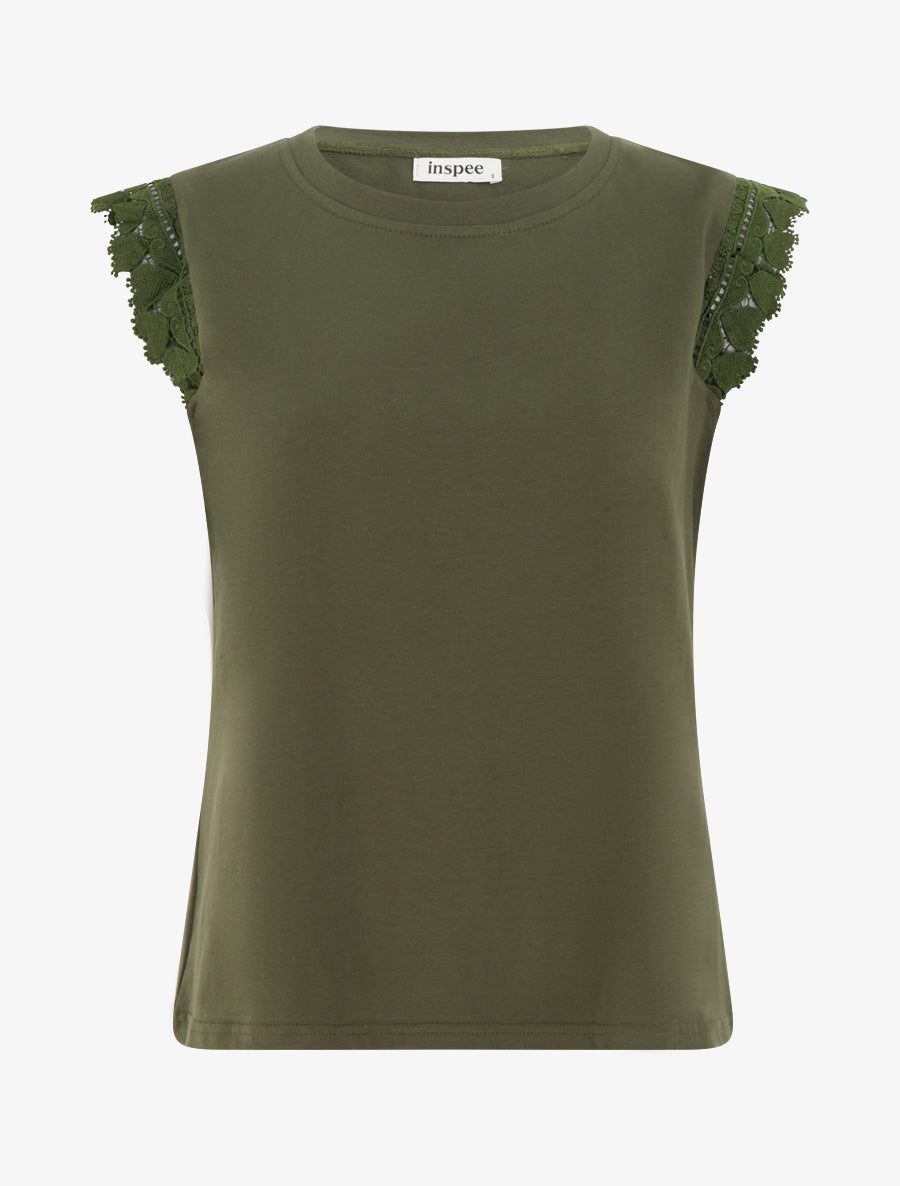 Top droit à épaules en dentelle - Kaki - 1