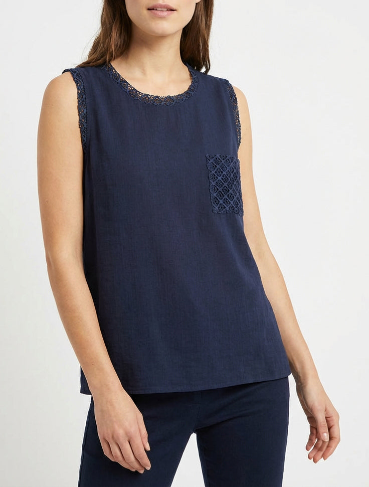 Top sans manches droit à poche en crochet - Marine