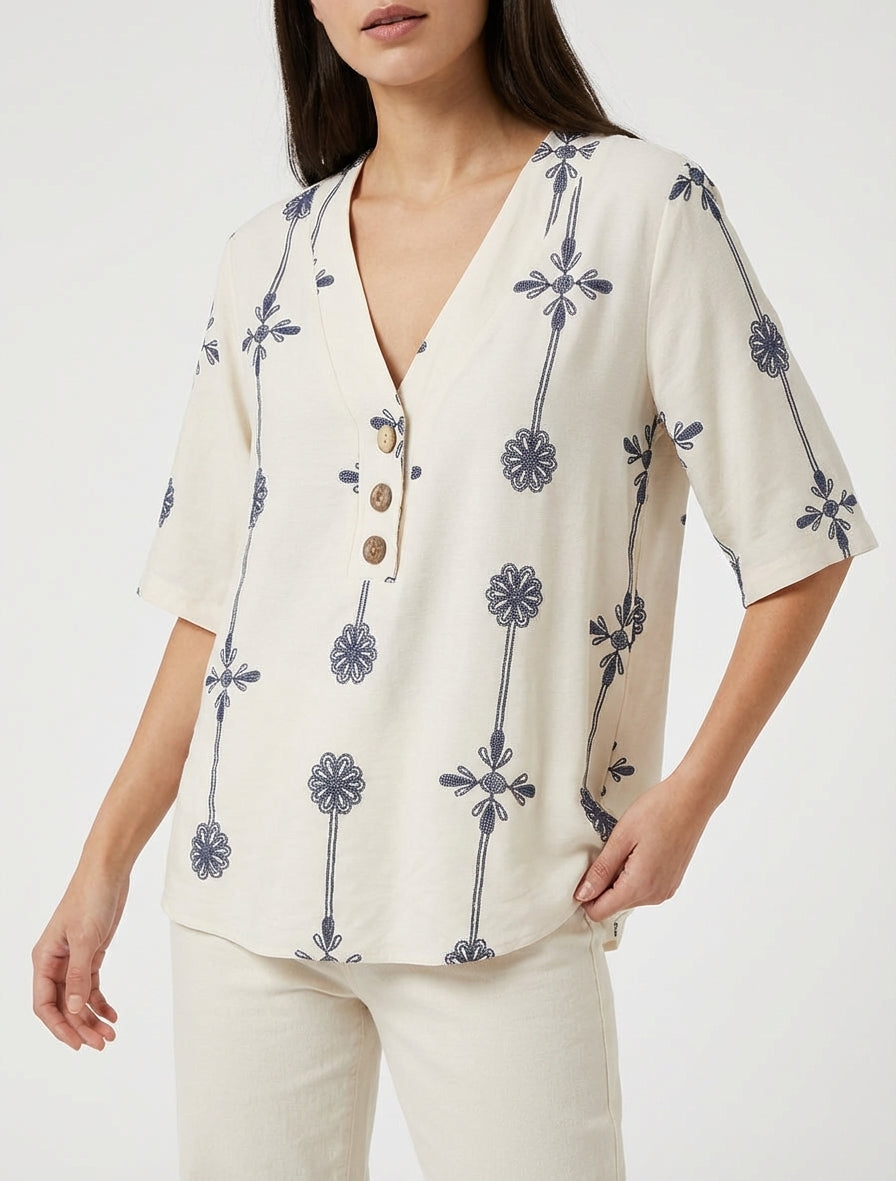 Top ample à manches courtes imprimé floral - Beige