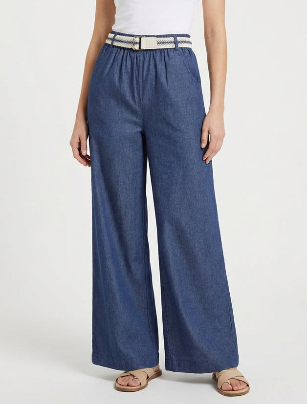 Wijde broek met hoge taille en ceintuur - Ongerept blauw
