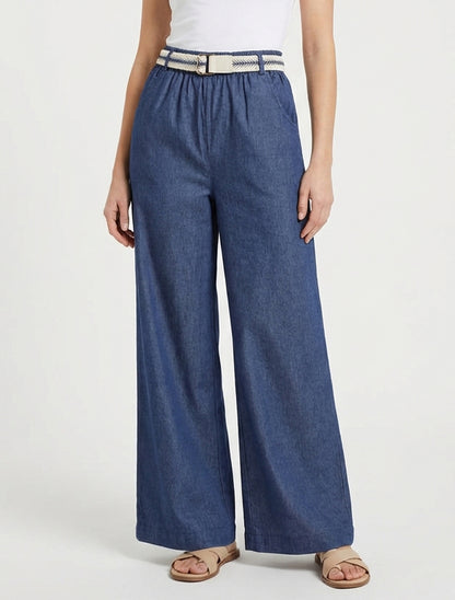Wijde broek met hoge taille en ceintuur - Ongerept blauw