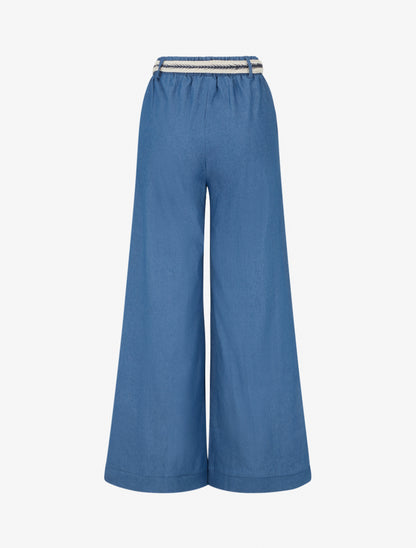Pantalon ample à taille haute ceinturée - Bleu denim - 2