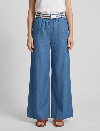 Pantalon ample à taille haute ceinturée - Bleu denim