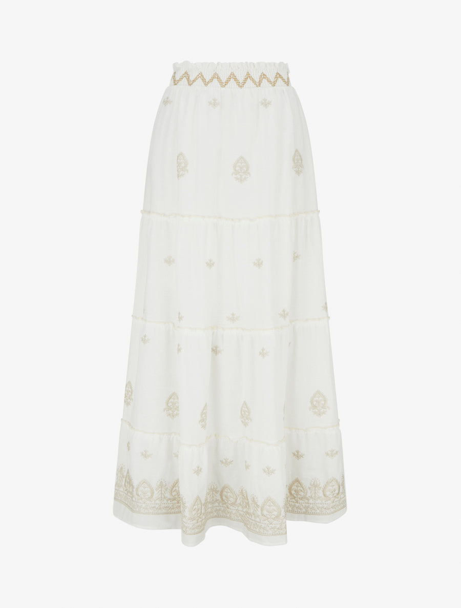 Jupe longue élastiquée à broderie - Blanc - 1