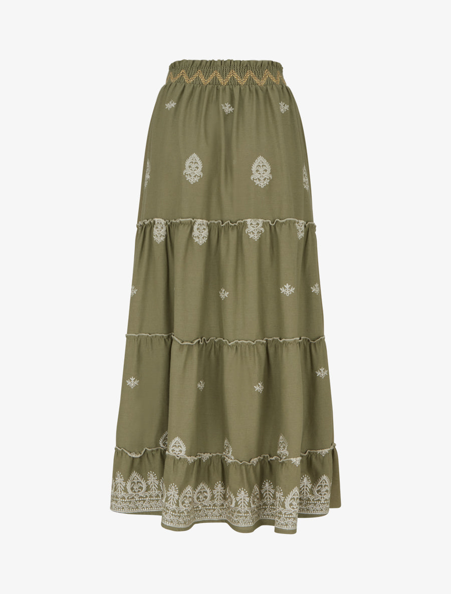 Jupe longue élastiquée à broderie - Kaki - 1