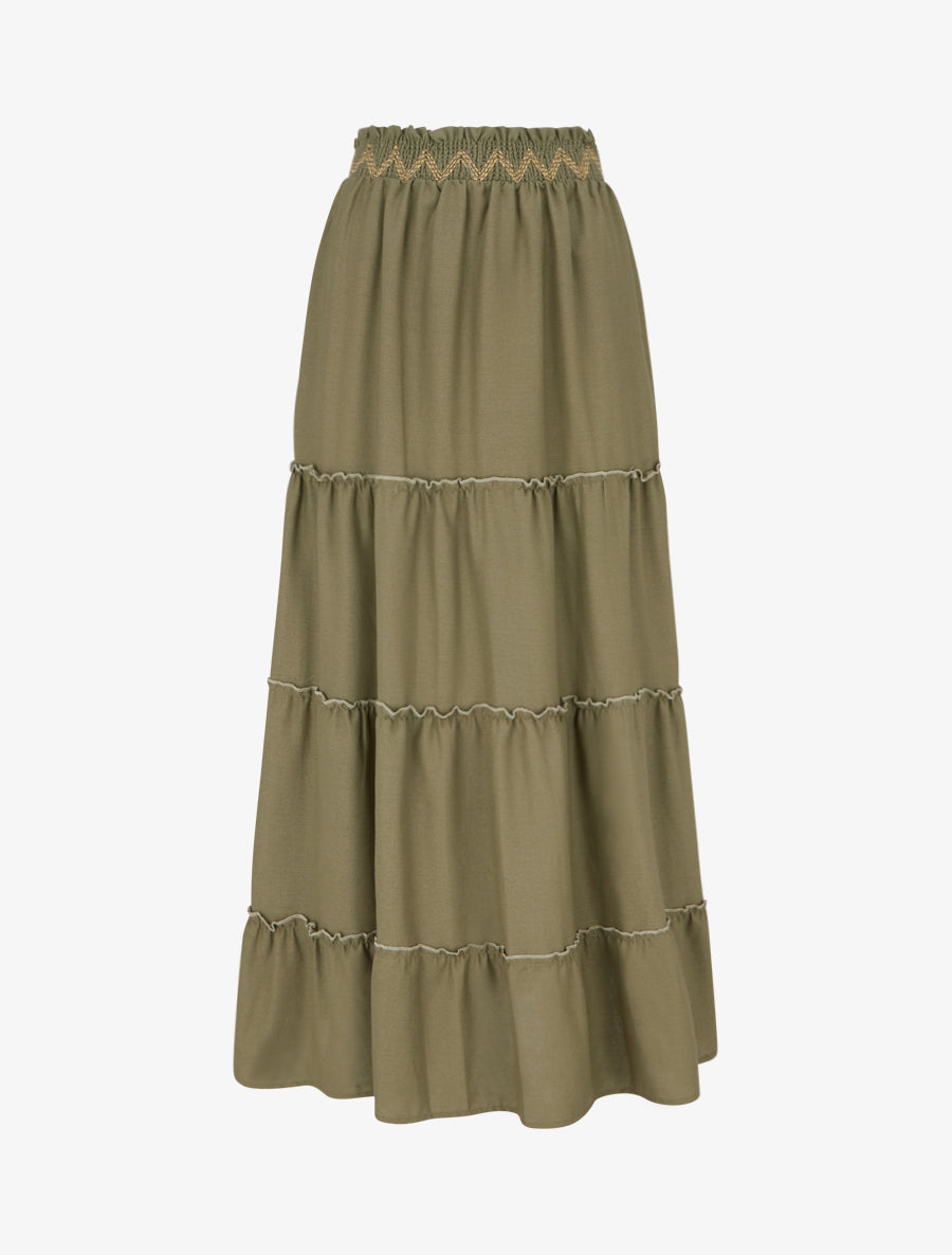 Jupe longue élastiquée à broderie - Kaki - 2