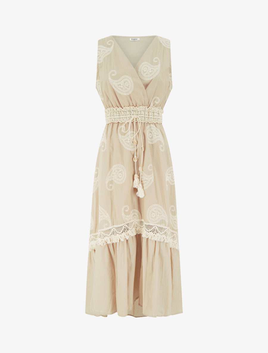 Robe longue à broderie motif cachemire - Beige - 1