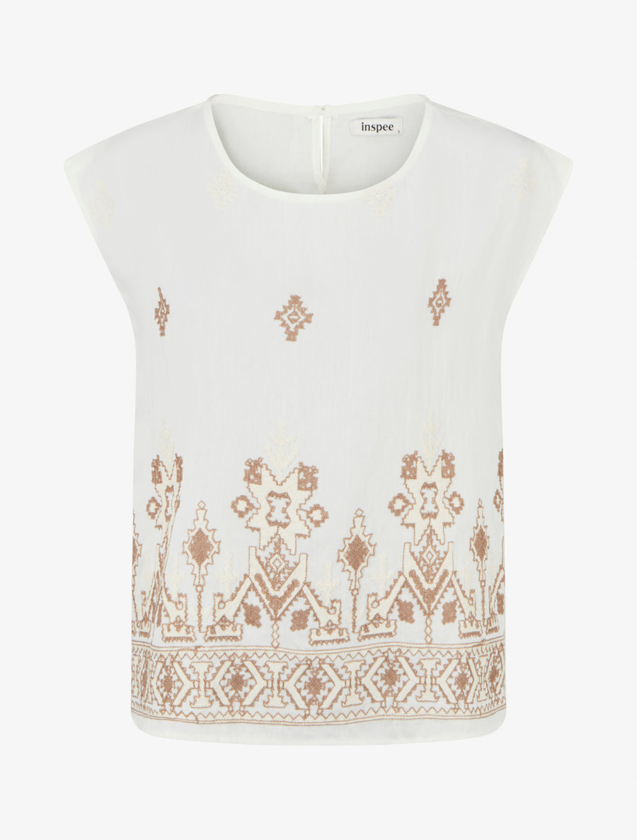 Top sans manches brodé coupe carrée - Beige - 1