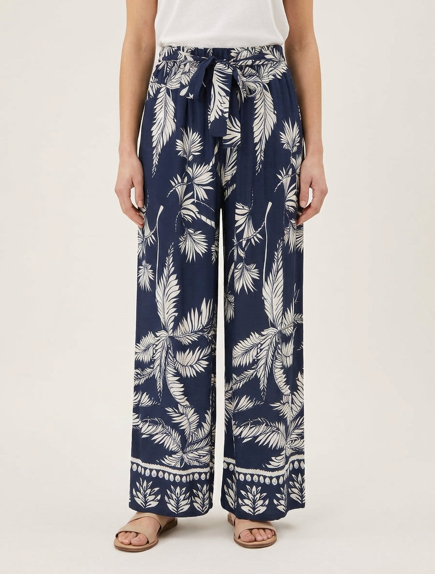 Elastische vloeiende broek met bladerprint - Marine