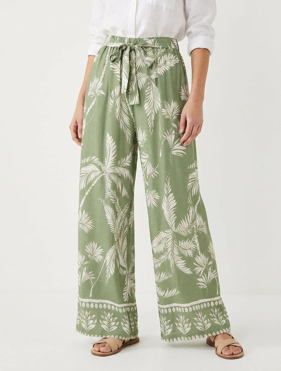 Pantalon élastiquée fluide imprimé feuillage - Kaki
