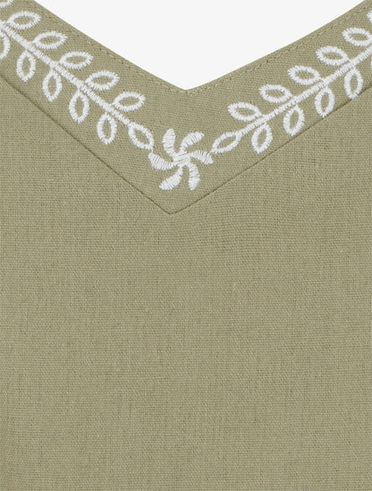 Caraco en lin mélangé à col brodé - Kaki - 3