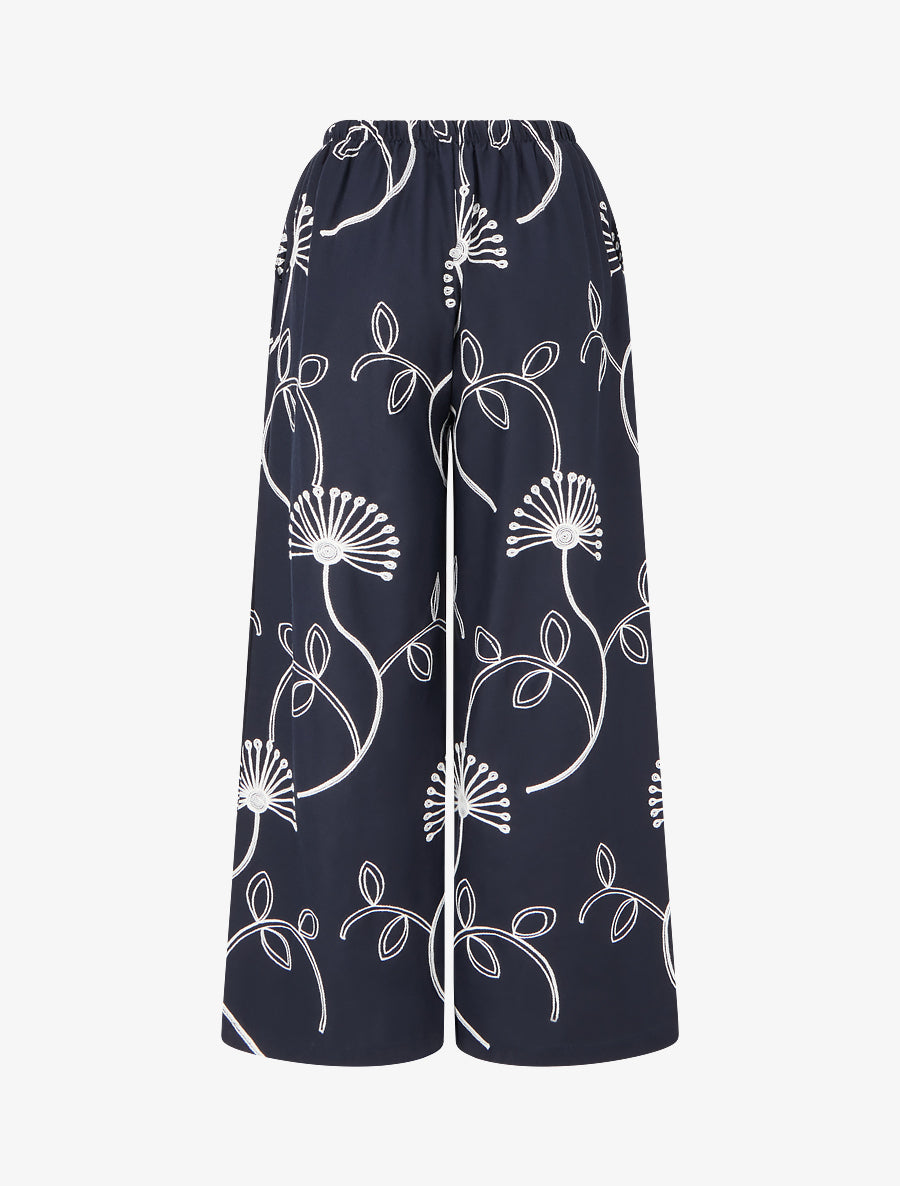 Pantalon ample à broderies florales - Bleu nuit - 2
