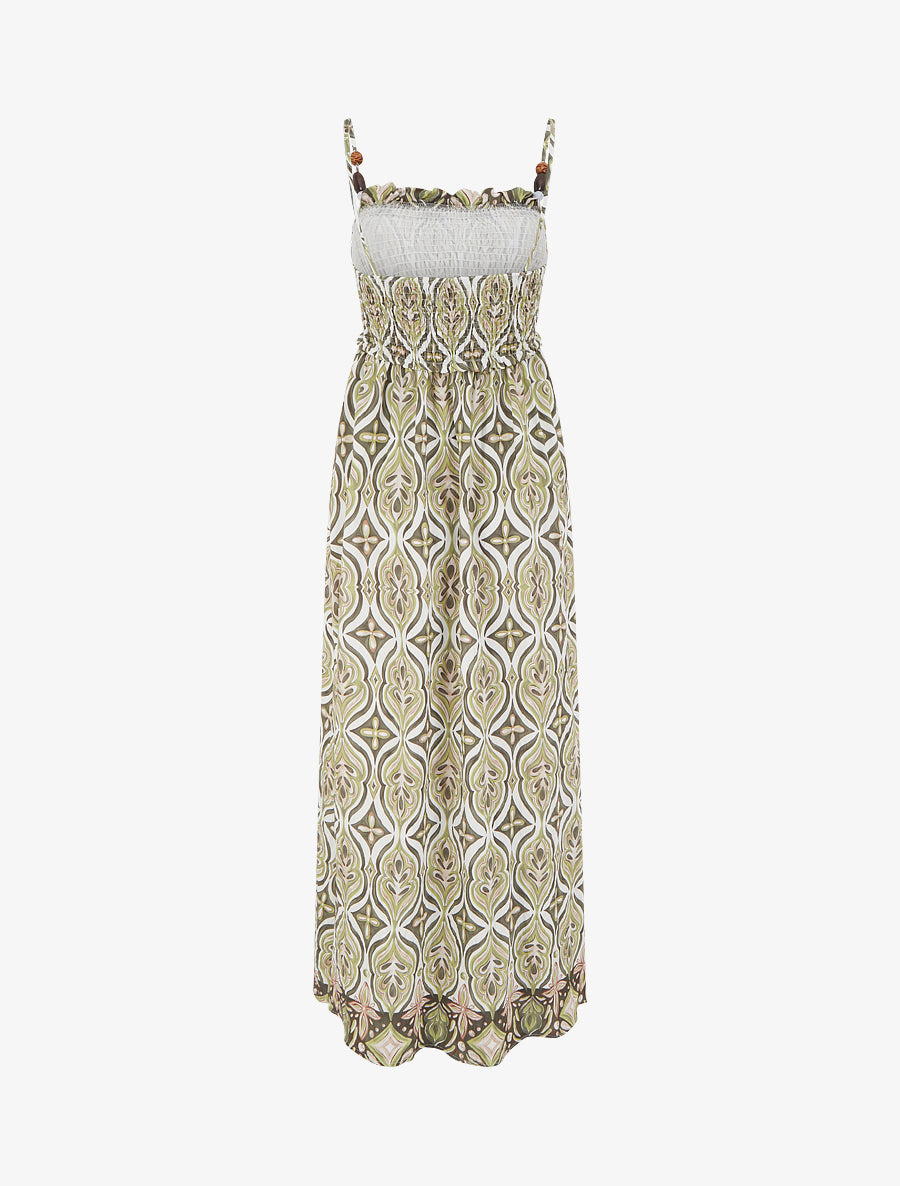 Robe longue à bretelles perlées et imprimé fantaisie - Kaki - 2
