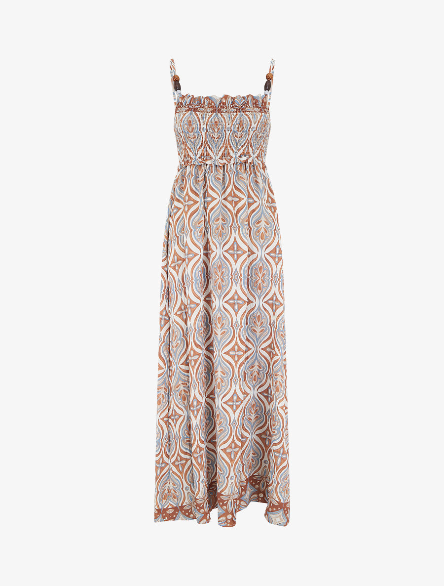 Robe longue à bretelles perlées et imprimé fantaisie - Beige - 1