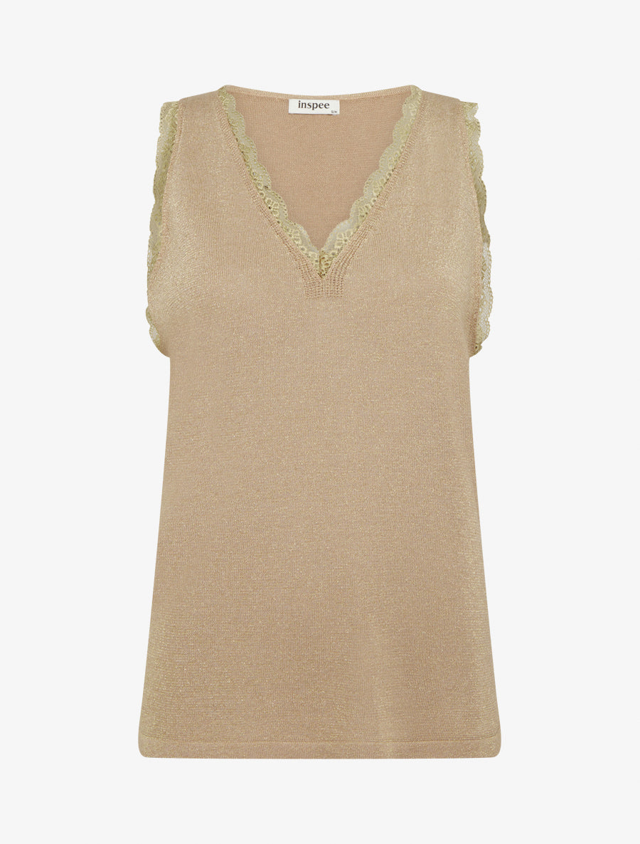 Débardeur en maille irisée à dentelle - Taupe - 1