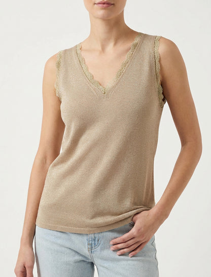 Débardeur en maille irisée à dentelle - Taupe