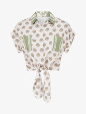 Chemise courte à nouer imprimé floral - Vert olive - 1