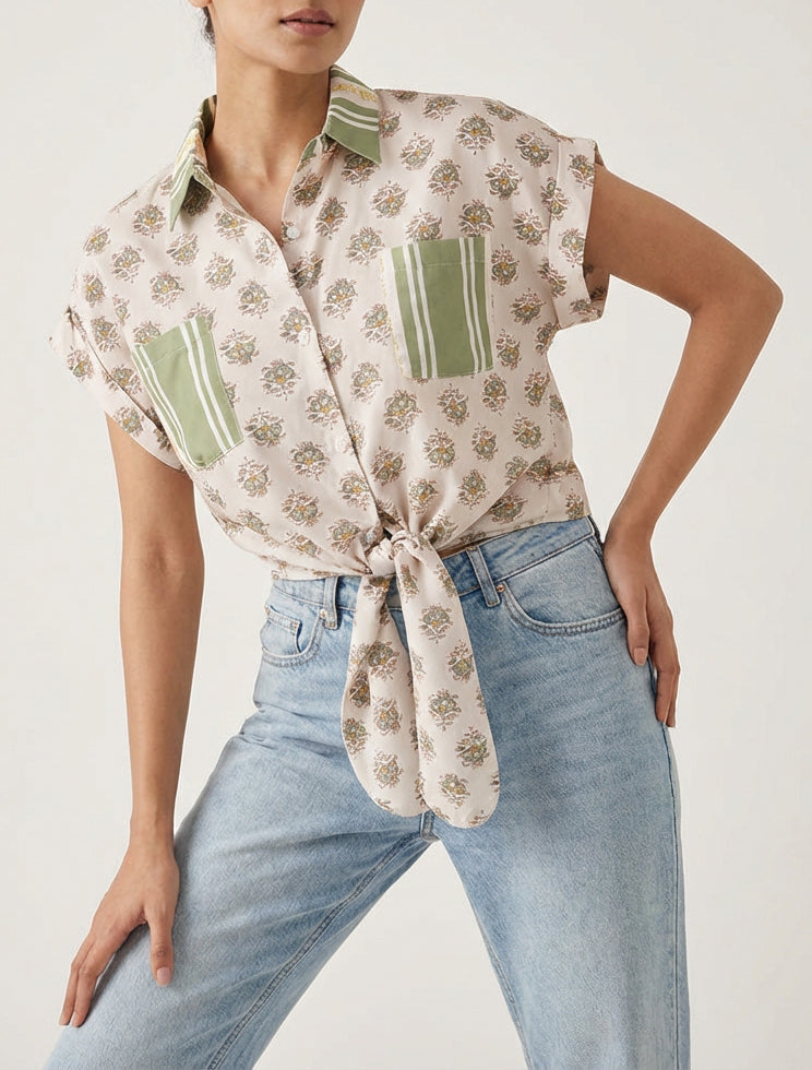 Kort bloemenprint knoopblouse - Olijfgroen