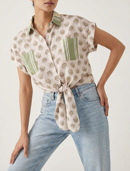 Kort bloemenprint knoopblouse - Olijfgroen