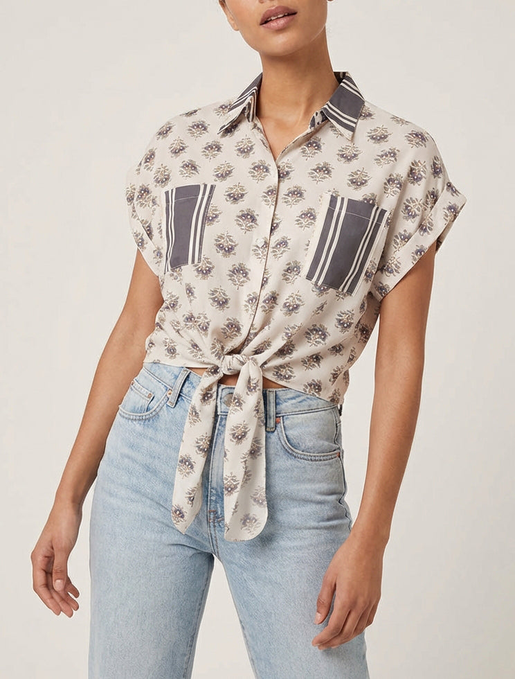 Chemise courte à nouer imprimé floral - Gris foncé