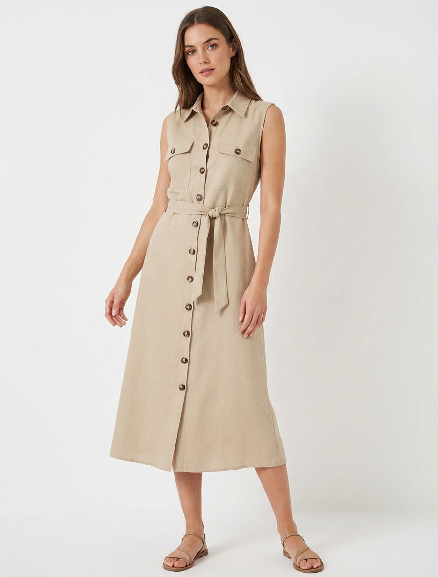 Mouwloze rechte overhemdjurk - Beige