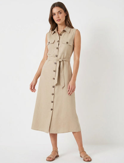 Mouwloze rechte overhemdjurk - Beige