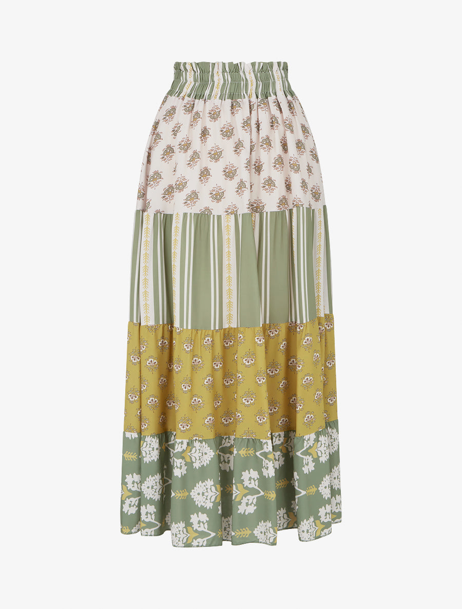 Jupe longue patchwork coupe évasée - Vert olive - 1