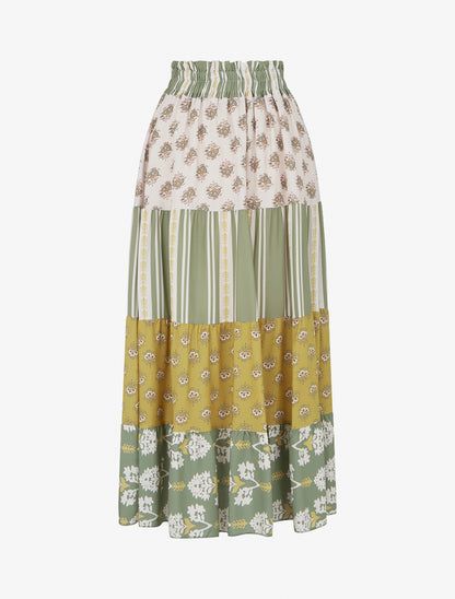 Jupe longue patchwork coupe évasée - Vert olive - 1