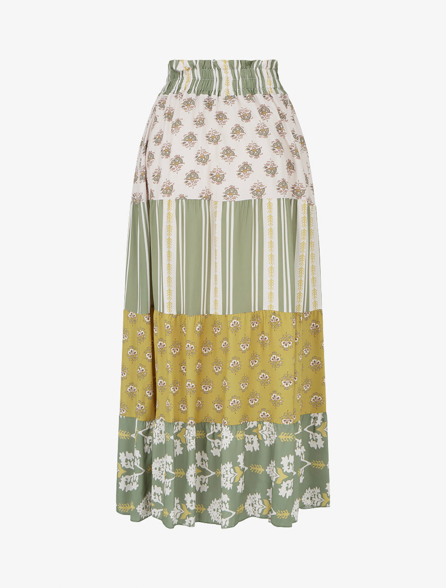 Jupe longue patchwork coupe évasée - Vert olive - 2