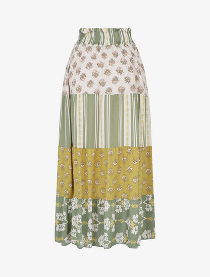 Jupe longue patchwork coupe évasée - Vert olive - 2