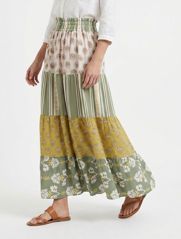 Jupe longue patchwork coupe évasée - Vert olive