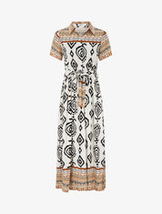 Robe longue évasée imprimé graphique - Blanc/marron - 1