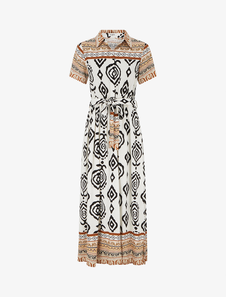 Robe longue évasée imprimé graphique - Blanc/marron - 1