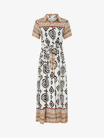 Robe longue évasée imprimé graphique - Blanc/marron - 1