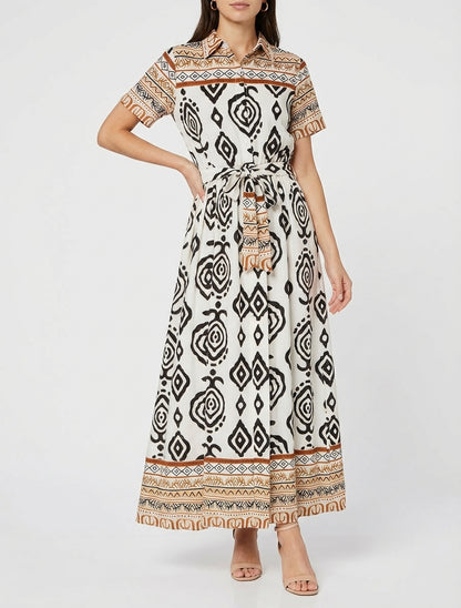 Robe longue évasée imprimé graphique - Blanc/marron