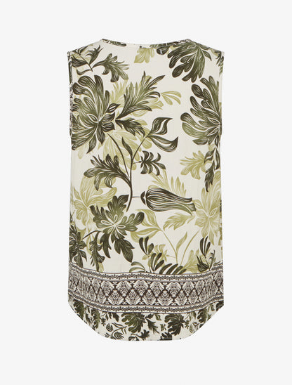 Top droit à col V et imprimé végétal - Kaki - 2